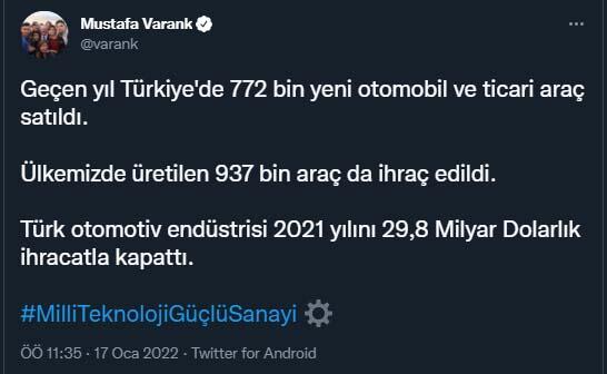 Bakan Varank: Türk otomotiv endüstrisi 2021i 29,8 milyar dolarlık ihracatla kapattı