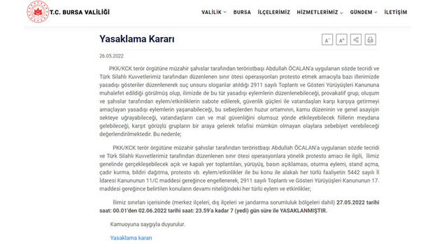 Bursa’da 7 gün boyunca gösteri ve etkinlikler yasaklandı