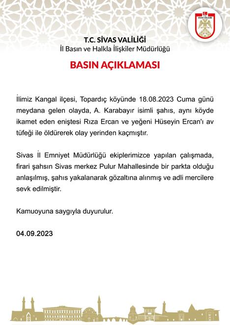 Zabójca ojca i syna zamordowanego w Sivas złapany po 17 dniach