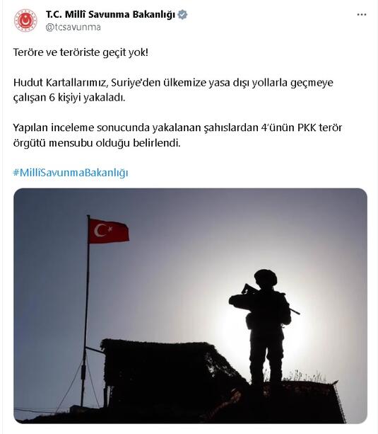 MSB: Türkiyeye girmeye çalışan 4ü PKKlı 6 kişi yakalandı