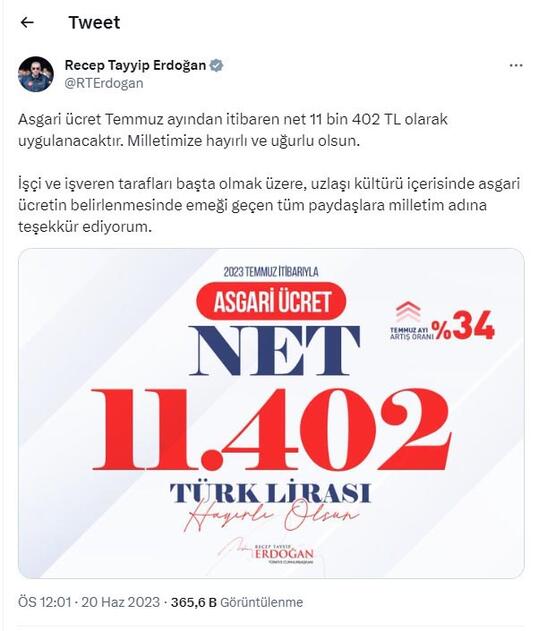 Cumhurbaşkanı Erdoğan: Asgari ücret hayırlı olsun