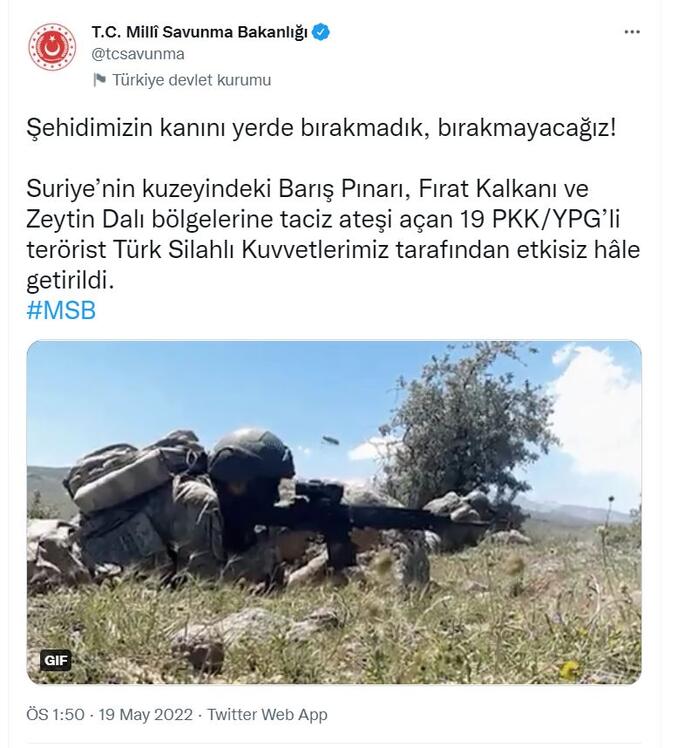 MSB: PKK/YPGli 19 terörist etkisiz hale getirildi