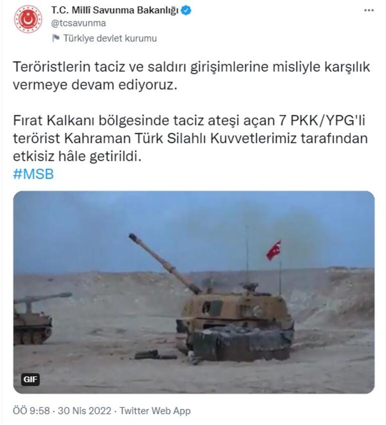 MSB: Fırat Kalkanı bölgesinde 7 PKK/YPGli terörist etkisiz hale getirildi