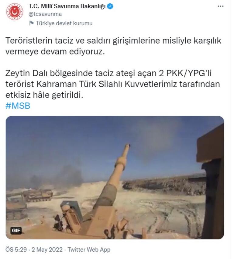 MSB: PKK/YPGli 2 terörist etkisiz hale getirildi