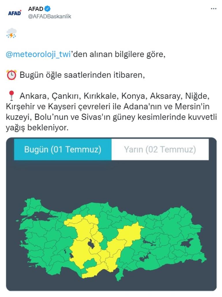 AFADdan Ankara ve çevre iller için kuvvetli yağış uyarısı