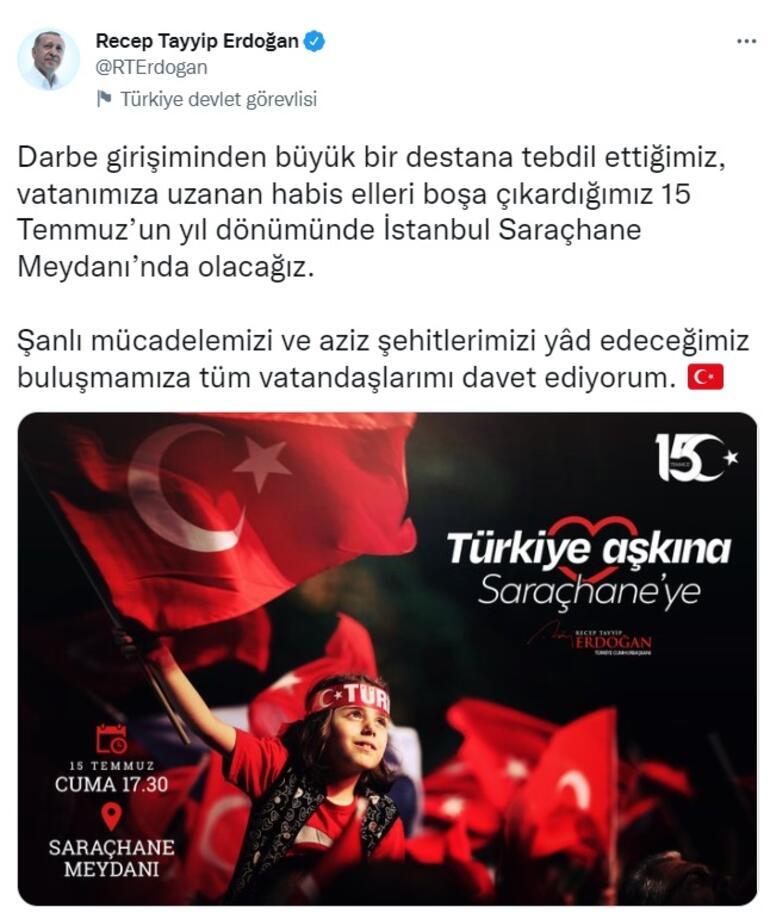 Cumhurbaşkanı Erdoğan: 15 Temmuzun yıl dönümünde Saraçhane Meydanında olacağız