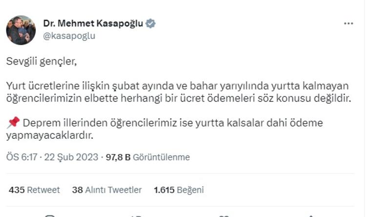 Bakan Kasapoğlundan yurt ücreti açıklaması