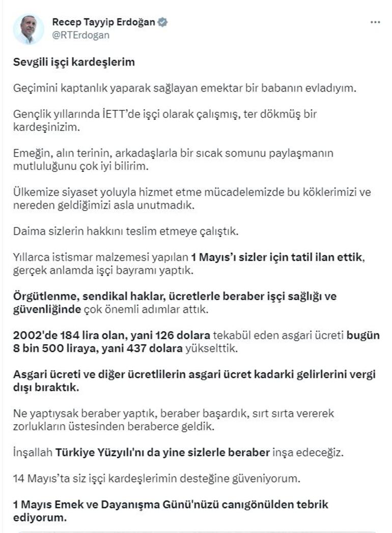 Cumhurbaşkanı Erdoğandan 1 Mayıs mesajı